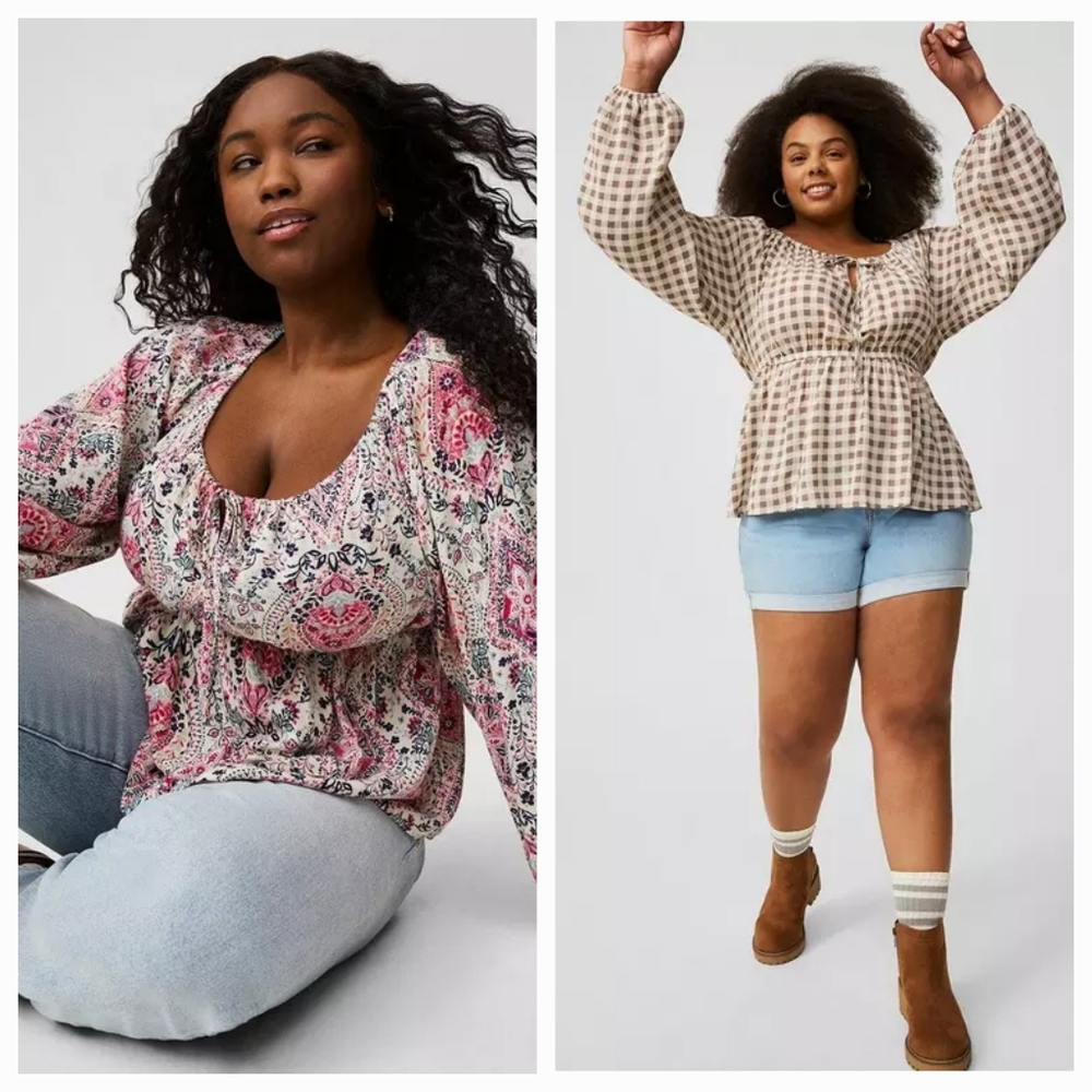 Two New Torrid 2X Babydoll Crinkle Gauze Tie Front Tops